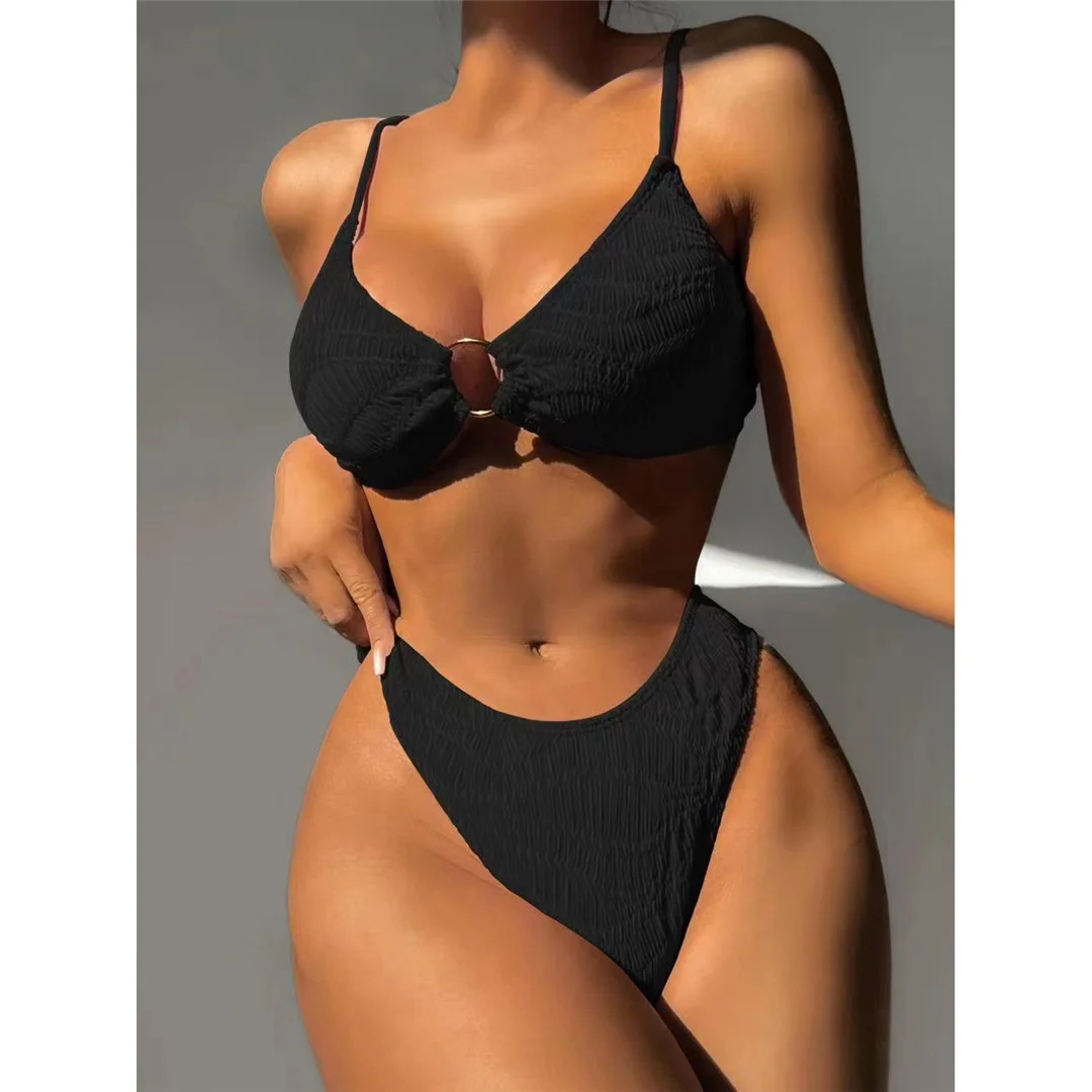 Bikini mit Faltenmuster-Metallring, mittelhoher Bund, Damen-Badeanzug, zweiteiliges Bikini-Set, gepolsterter Badeanzug, Badebekleidung, Modell V4567. – Detail 19