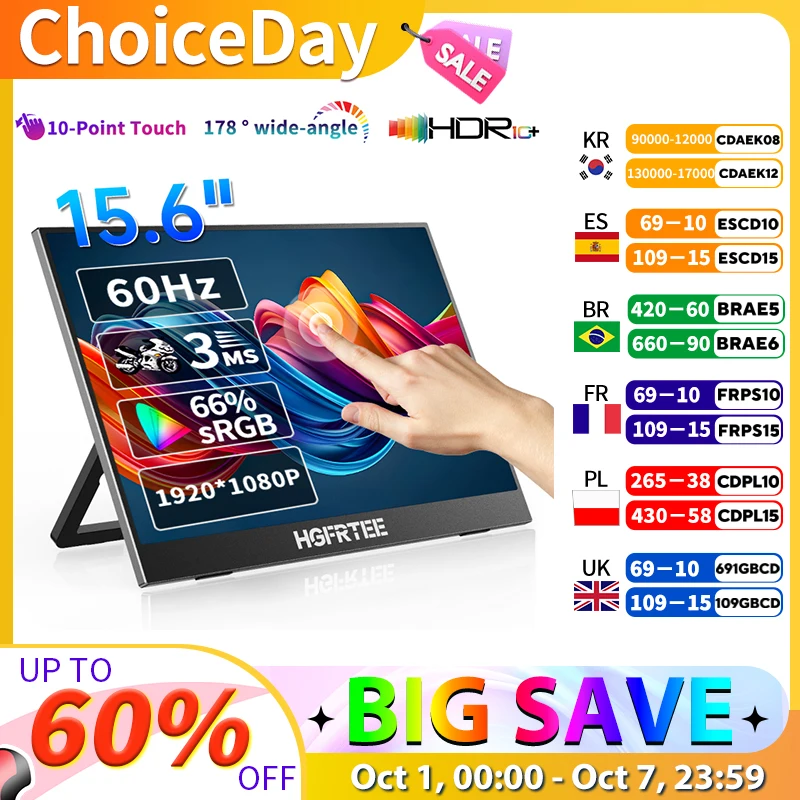 

15,6-дюймовый сенсорный портативный монитор 1080P 300cd/m2 расширенный экран дисплея для ноутбука, телефона, переключателя Xbox PS4/5 ПК с HDMI Type-C