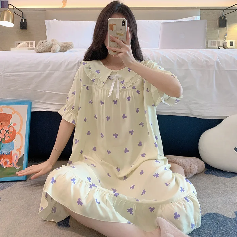 Round Neck Doll Neck Bow Decoration Nightgown Sweet Printed Sleepwear Short Sleeve Dress Cotton Silk Pajamas Women's Clothing