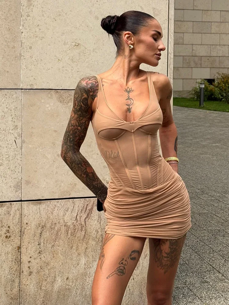 Schickes Einfarbiges Ärmelloses Bodycon-Minikleid Sexy V-Ausschnitt Plissierter Taille Fischgrätenrock Trendiges Sommer-Party-Club-Urlaubskleid – Detail 3