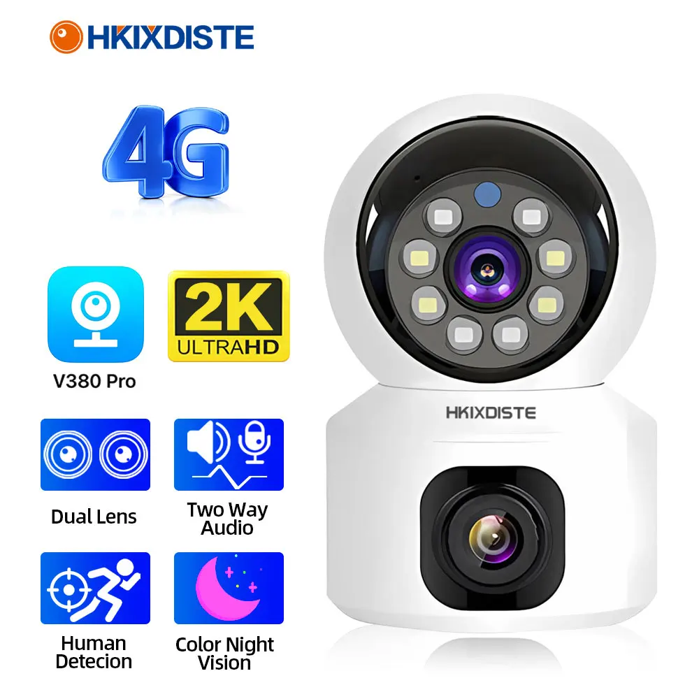 

V380 4G Sim Card Indoor Camera Dual Lens 4MP Color Night Vision Two Way Audio Auto Tracking Camara Wireless Video Surveillance