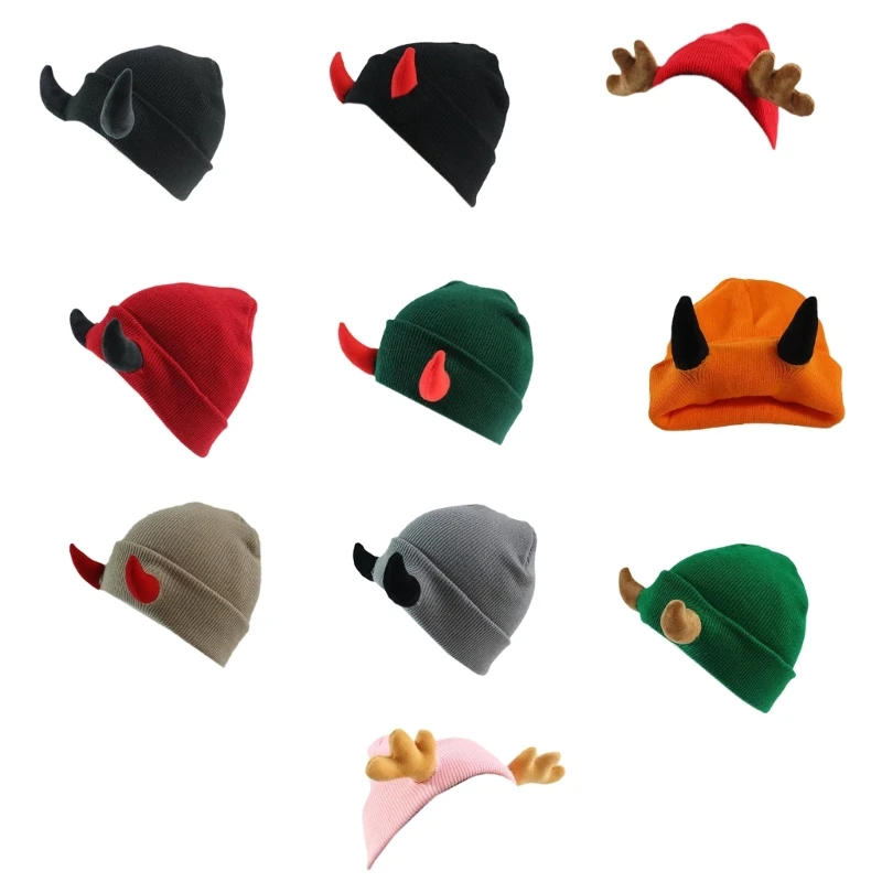 Novelty Knitted Beanie Cap for Women Men Adult Hat Pullover Evil Horns Hat Unisex Halloween Hat Party Props