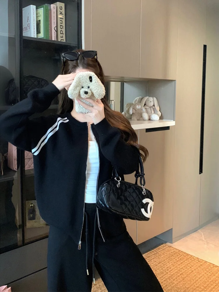 

Американский вязаный кардиган на молнии с длинными рукавами, женский, свободного кроя, модный, с круглым вырезом, весна 2026