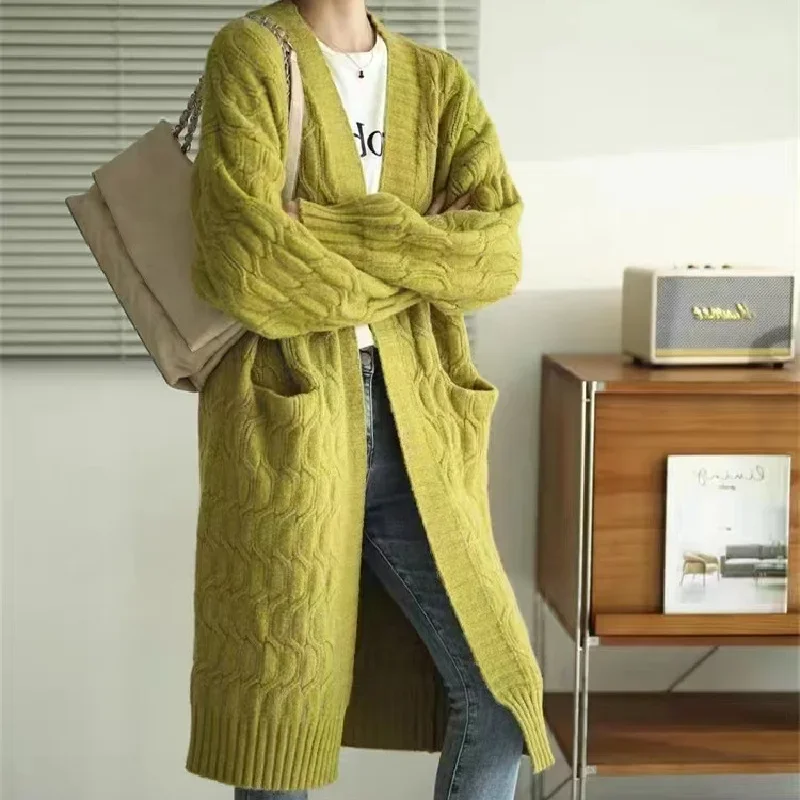 

Long Sweater Coat Fashionable Gentle Soft Women's Open Cardigan Casual Spring Polyest Korean Style V-Neck Pure Color Knitted