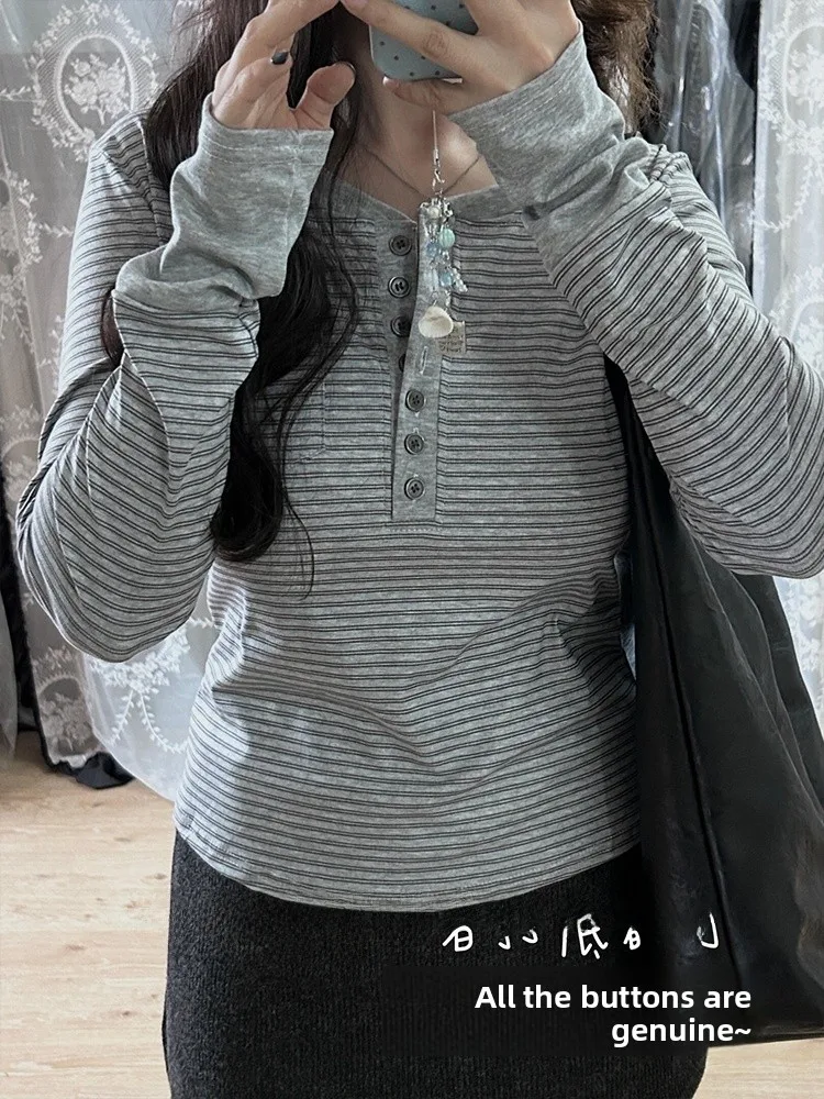 T-shirt lunga da donna coreana retrò a righe Sve Base irt Abbigliamento interno T-shirt Autunno New Sle High End Sensation Super Beautiful Top