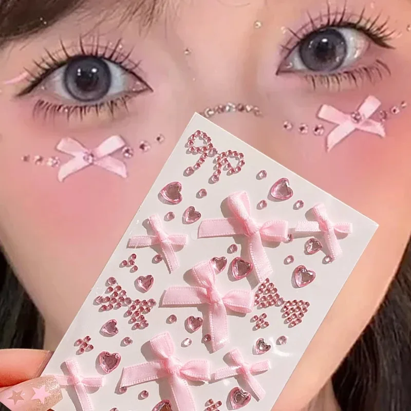 

Fashion Face Stickers White Pink Ribbon Bow Pearl DIY Eyes Face Makeup Sticker Easy To Wear Bow Temporary Tattoo Stickers Makeup