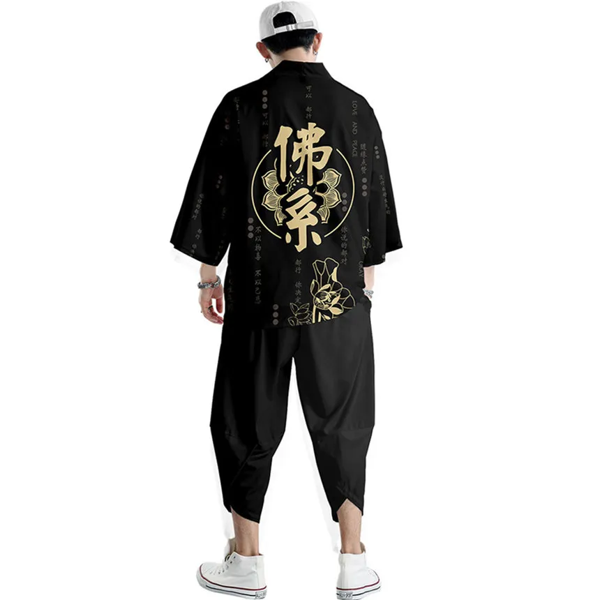 Japanese Traditional Clothing Buddha Print Kimono Pants Men Retro Yukata Asian Fashion Tang Suit Harajuku Hanfu Yukata Jacket