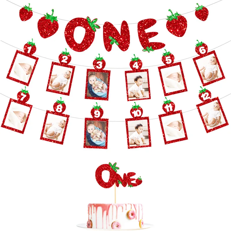 Strawberry One Cake Topper Birthday Flags Monthly Baby Photos Strawberry Party Banners Cake Baking Decor Supplies DIY