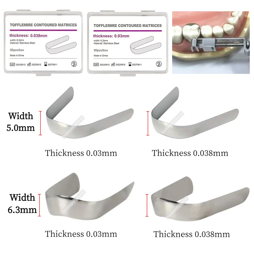 Dental Tofflemire Contoured Matrices Stainless Steel Matrix Bands 0.03/0.038mm Width 5.0/6.3mm Double-contoured Molar