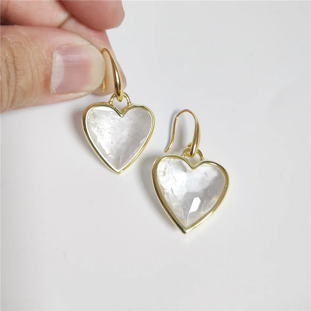 

FUWO Wholesale Lovely Natural Clear Quartz Earring,Golden Plated Heart Shape Earrings Jewelry For Women 5Pairs/Lot ER475