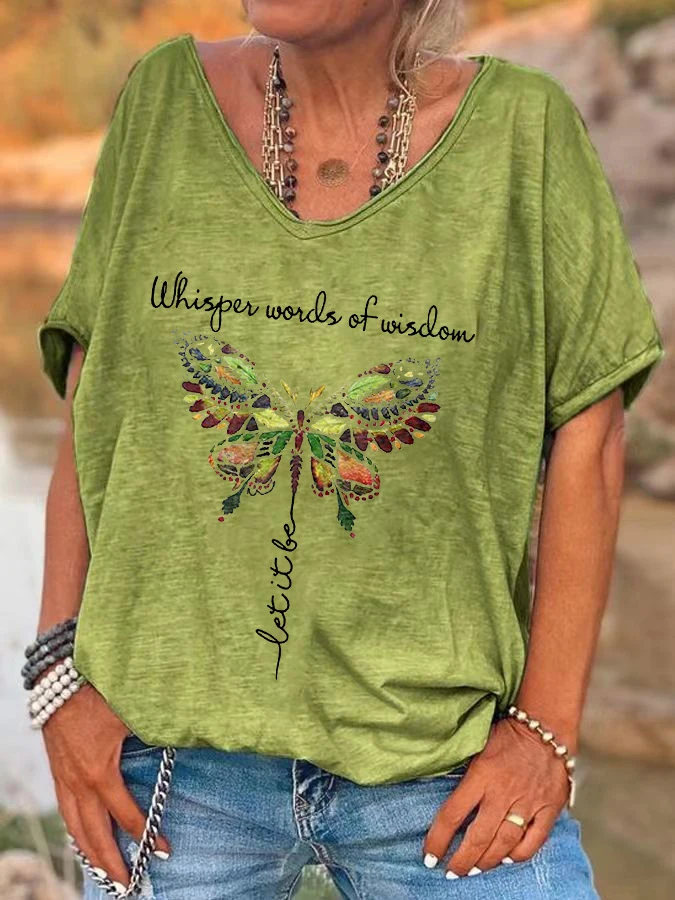 Ilstile Retro Hippie Butterfly T-Shirt für Damen, Whisper Words Of Wisdom-Aufdruck, V-Ausschnitt, kurze Ärmel, lockeres, lässiges Sommer-Top