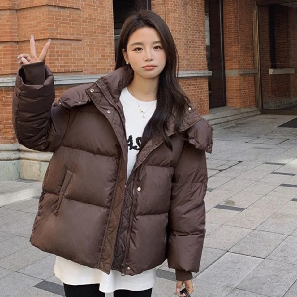 Chain 2024 Spring and Autumn New Women's Short Hooded White Goose Down Coat Casual Down Coat