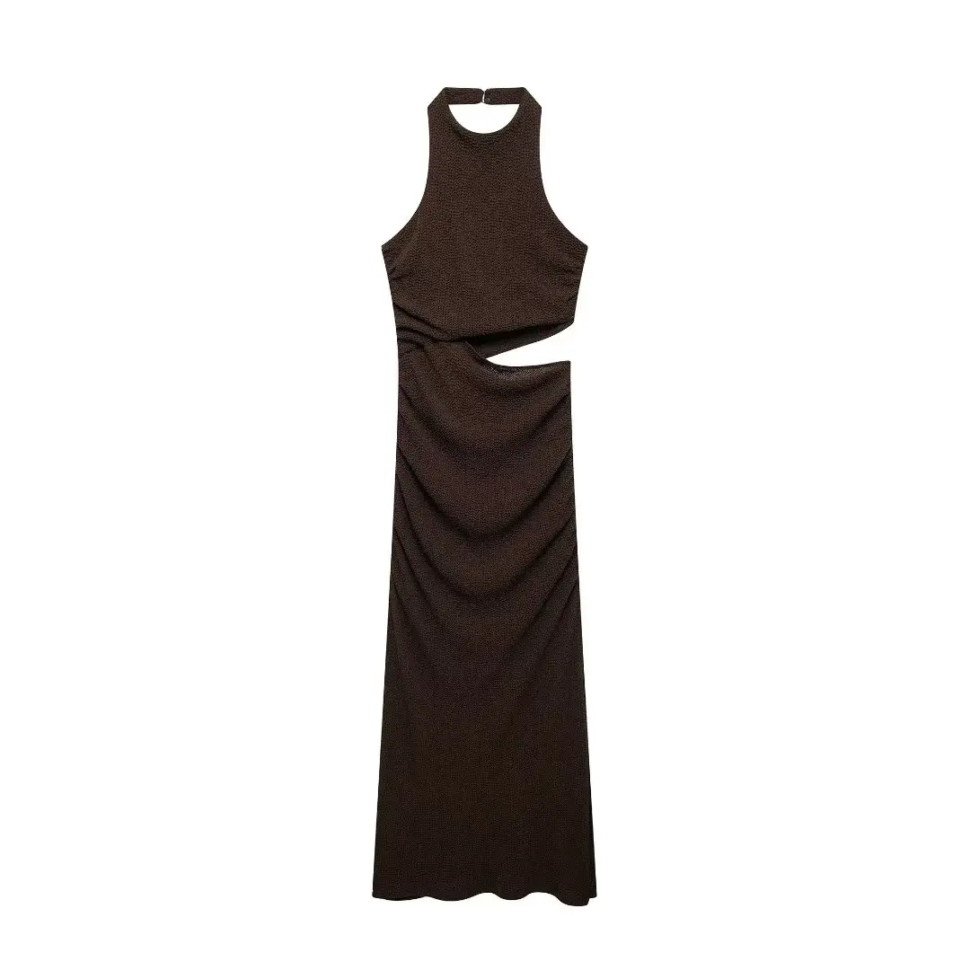 Tangada 2024 New Women Knitted Halter Dress Sleeveless Ladies Backless Party Long Dress 3H0830