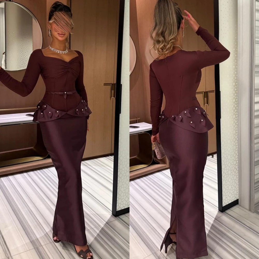 Customized Luxury Square Collar Evening Dress Sparkly Satin Mermaid Prom Dresses Classic Long Sleeves Special Occasion Gowns