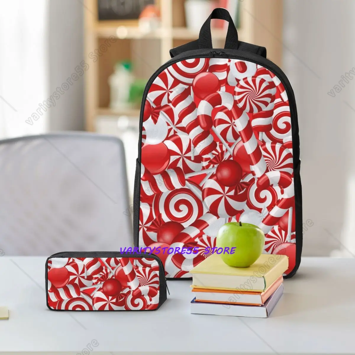 Peppermint Candy Backpack Student BookBag School Bag Shoulder Bags 3ps Insulated Lunch Bag Pencil Case