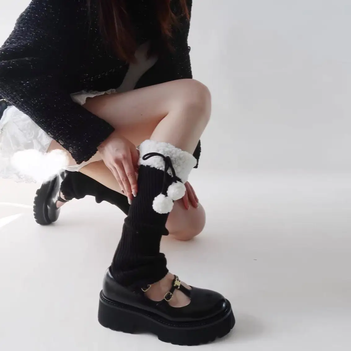 

Women's Socks Japanese Lolita JK Bow Cute Kawaii Versatile For Girl Mid Tube Pile Socks Set Warm Hairball Thickened Cotton Socks