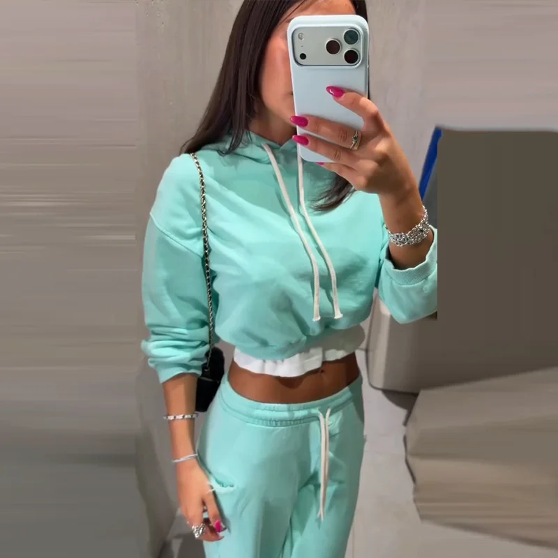 Damen Crop-Hoodie-Sweatset-Outfit, Langarm-Kapuzenpullover mit Kordelzug, Weitbeinige Jogginghose, Trainingsanzug, Lässige Streetwear – Detail 16