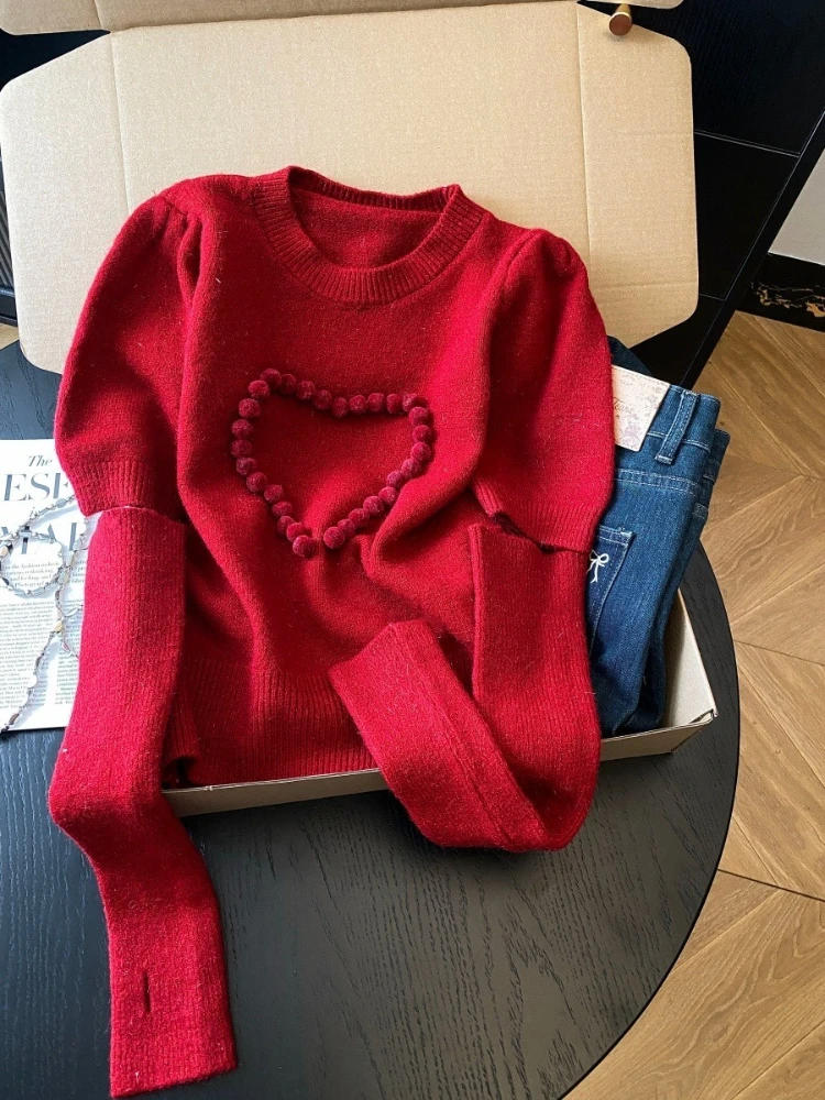 Korean Style Solid Color Slimming O-Neck New Year Sweater Women Vintage Y2k Heart Design Sense Long Sleeve Knit Pullover