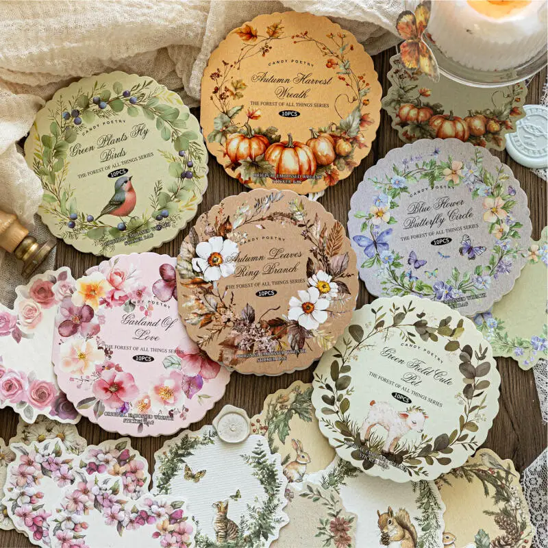 Card Lover 10 Pcs [Forest of All Things Series] Embossed Retro Wreath Theme White Kraft Paper Journal Stickers For Scrapbooking