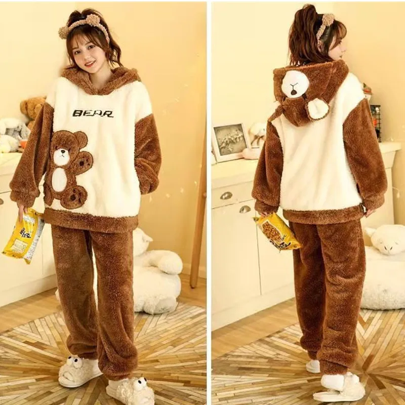 Women Pajamas Set Winter Warm Sleepwear Cute Bear Ears Hooded Pyjama Flannel Nightwear For Young Girls Home Clothing Sweet Suits