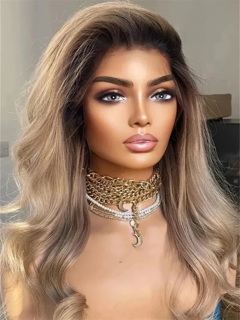 Woman Wigs Free Part Ombre Blonde Brown Highlights Synthetic HD Lace Front Wig Small Large Size Cap Glueless Wig 150% Density