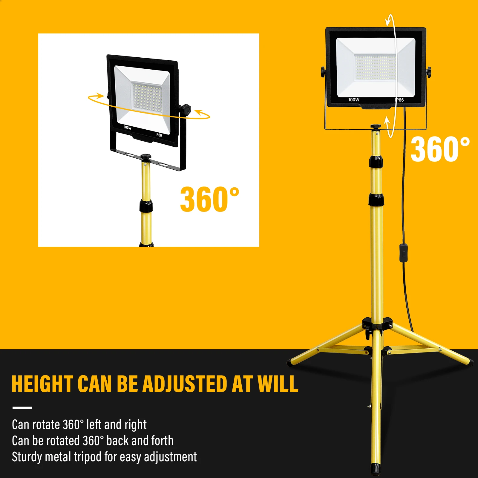 SKYWORLD LED Flood Light 100W 5000K led Work Light with 76in Adjustable Metal telescoping Tripod Stand Indoor Outdoor IP66