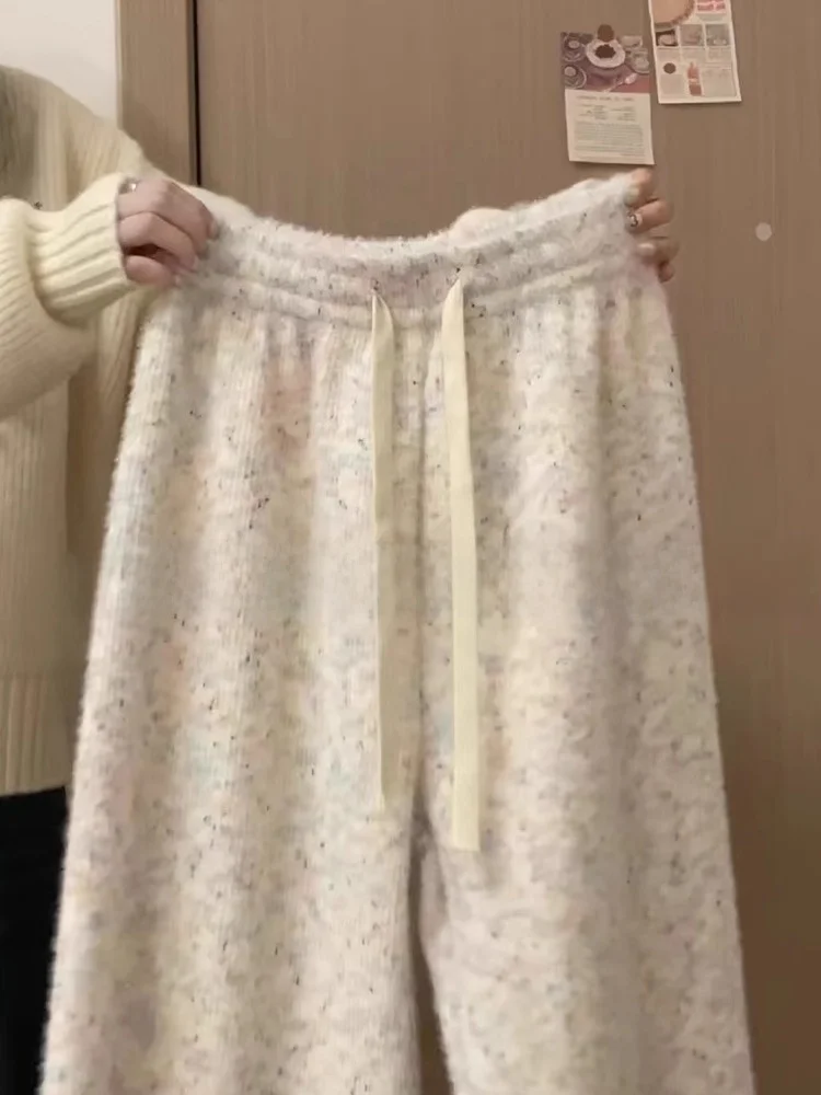 

Уютные вязаные брюки-кюлоты с флисовой подкладкой и радужным принтом для женщин, осенне-зимние, с высокой талией, прямые, в пол