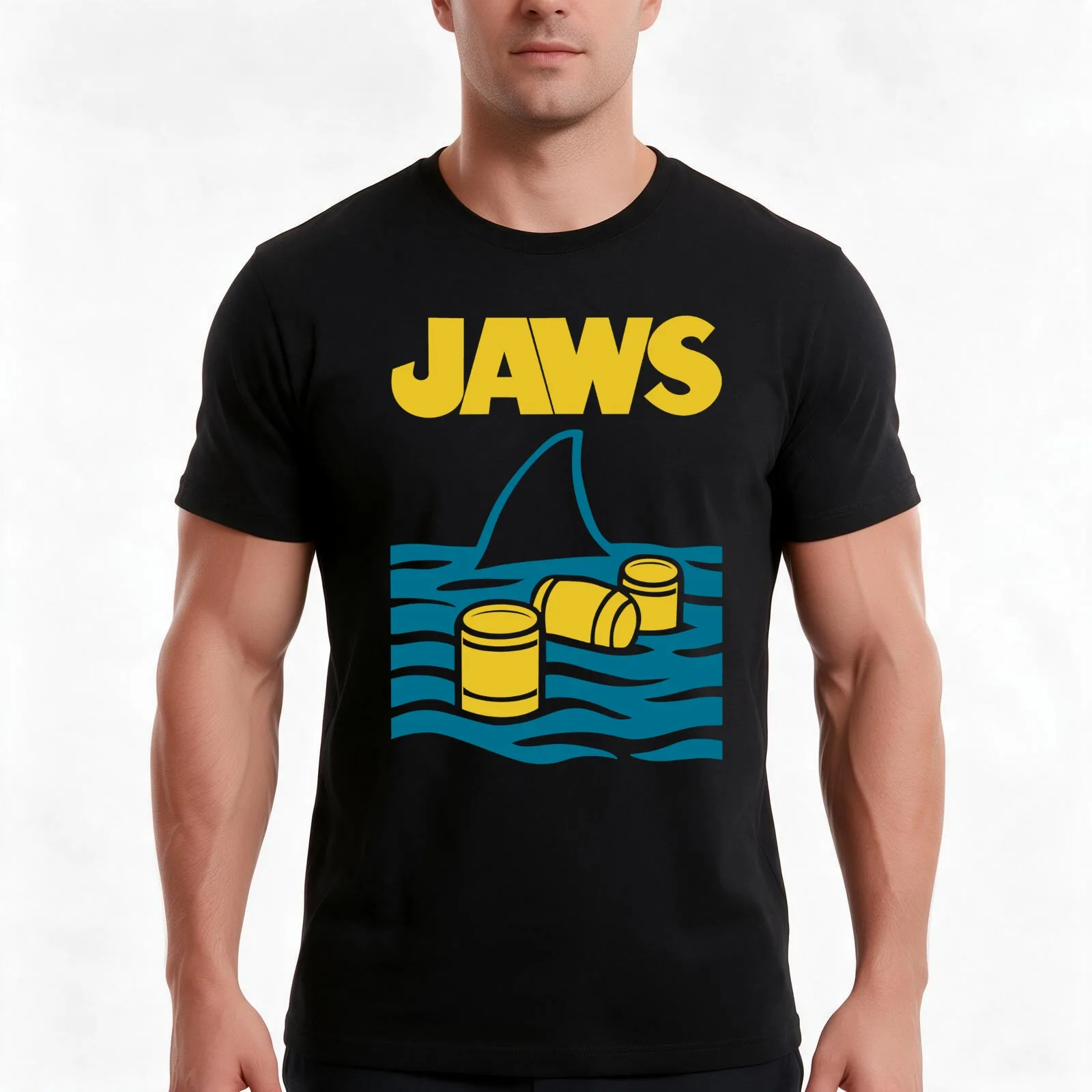 Jaws Movie Barrels T-Shirt, Summer Casual Cotton Tee, Oversized Streetwear Tops, Vintage Graphic Print, Loose Fit Short Sleeve