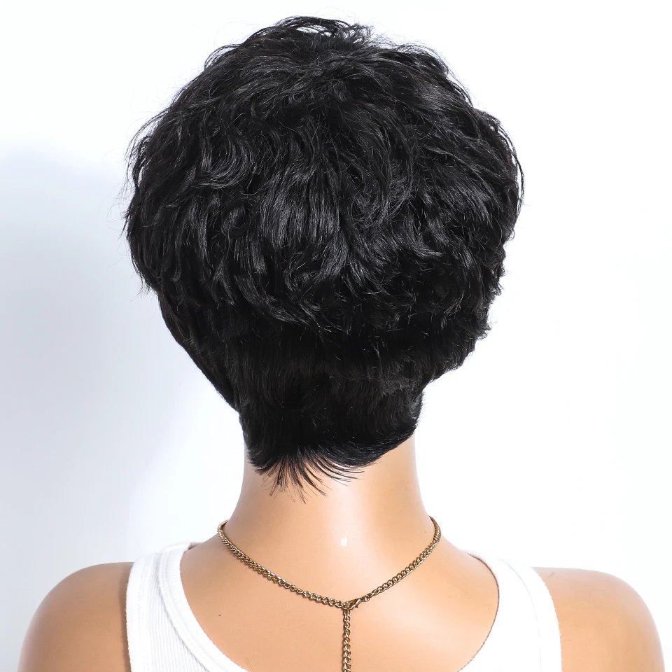 Lekker Natural Black Short Pixie Cut Curly 100% Human Hair Wig For Women Brazilian Remy Hair Colored Side Part Full Machine Wigs