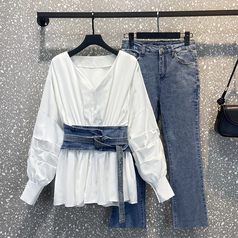 

plus Size Women's Autumn Set High Waist Denim Shirt And Pants Two Piece Suit Fashionable And Elegant plus Size Clothing