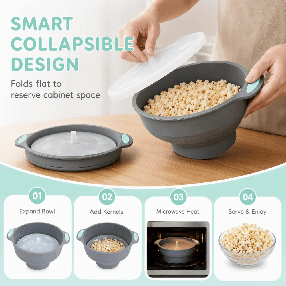 Silicone Popcorn Popper Bowl Oil Draining Collapsible Microwave Popcorn Maker Dishwasher Safe BPA Free Baking Tray
