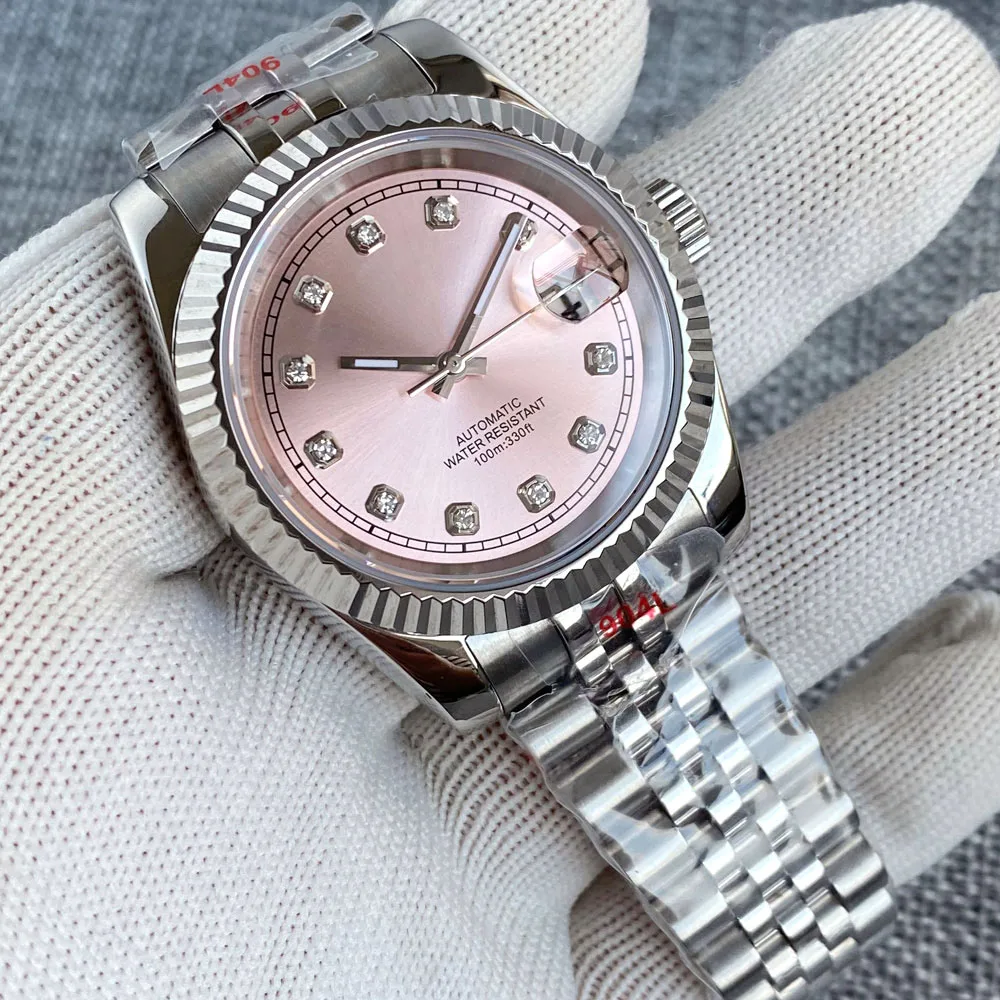 BLIGER 36mm 39mm Lady Mechanical Automatic Men\'s Watches NH35A Pink Dial Diamond Markers Fluted Bezel Sapphire For Datejust