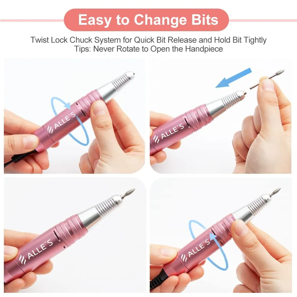 Kit Profissional de Broca Elétrica para Unhas 30000 RPM com 6 Brocas e 106 Bandas de Lixamento para Unhas de Acrílico e Gel - Manicure e Pedicure - Rosa