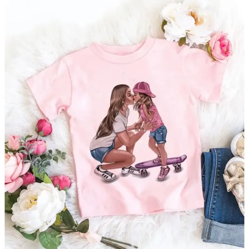 Baby Girl's Lovely Printing T-shirt, Super Mãe, Mãe e Bebê, Moda, Quente, Verão, Adorável, Crianças, Camiseta