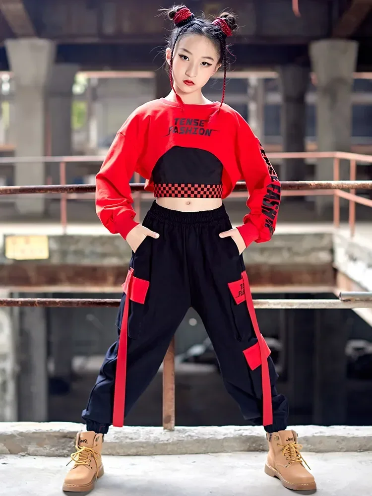 Teen Kids Fashion Streetwear Stage Outfit Girls Kpop Hip Hop Clothes Jazz Dance Costume Red Crop top pantaloni Cargo