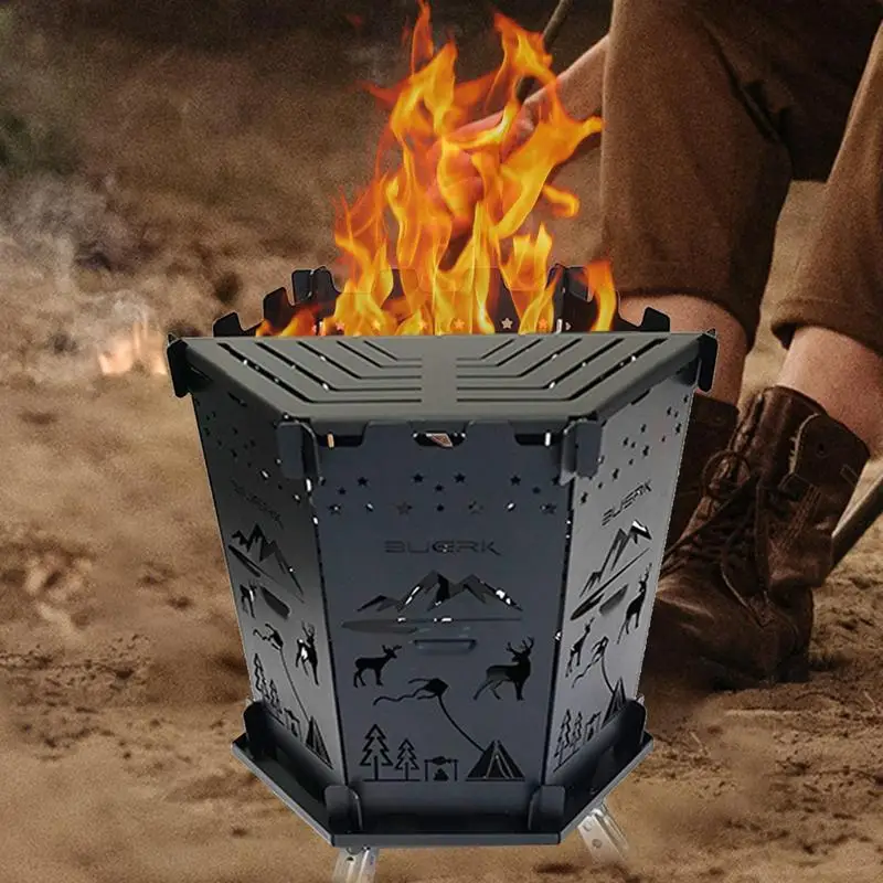 Outdoor Hexagonal Plug-in Fire Pit Picnic Barbecue Stove Foldable Backpacking Burner Firewood Burner Picnic BBQ Stove