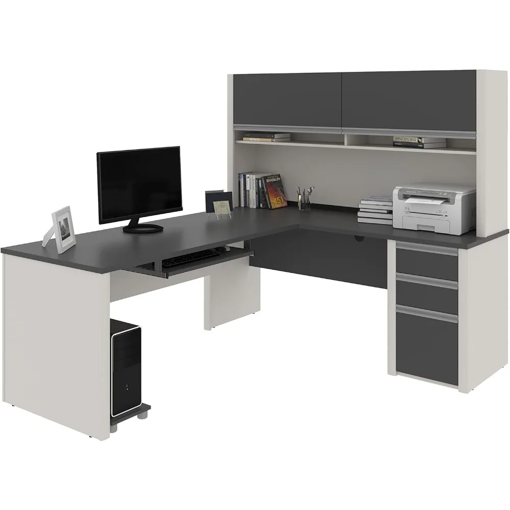 

Connexion L-Shaped Desk with Hutch and Pedestal, 72W, Slate/Sandstone， Office Table with Cabinet