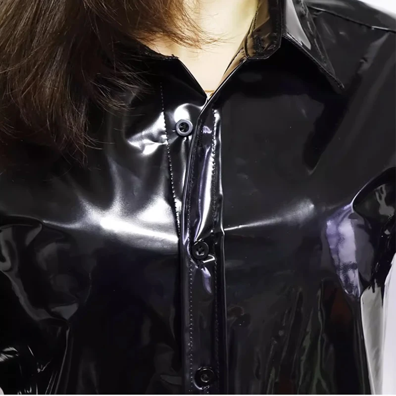 Black Gloss PVC Plastic Shirt Fetish Button Long Sleeve Blouse Soft Smooth Silent Waterproof Coats Private Party Nightclub Tops