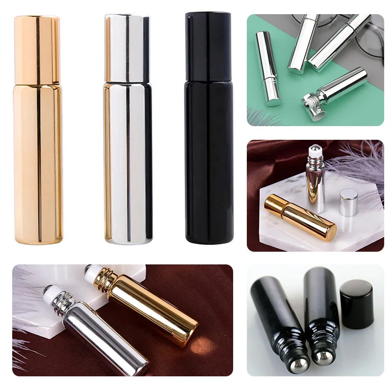 3PCS 5/10ML Gold/Silver/Black Essential Oil Refillable Roll On Glass Bottles Roller Ball Perfume Empty Liquid Bottle Container