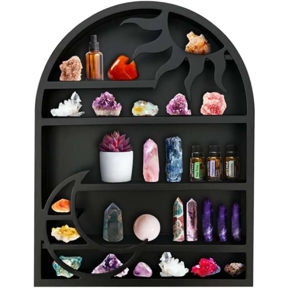 

Wood Storage Shelf - Stylish and Practical Wall Shelf, Crescent Sun and Moon Crystal Shelf Home Storage