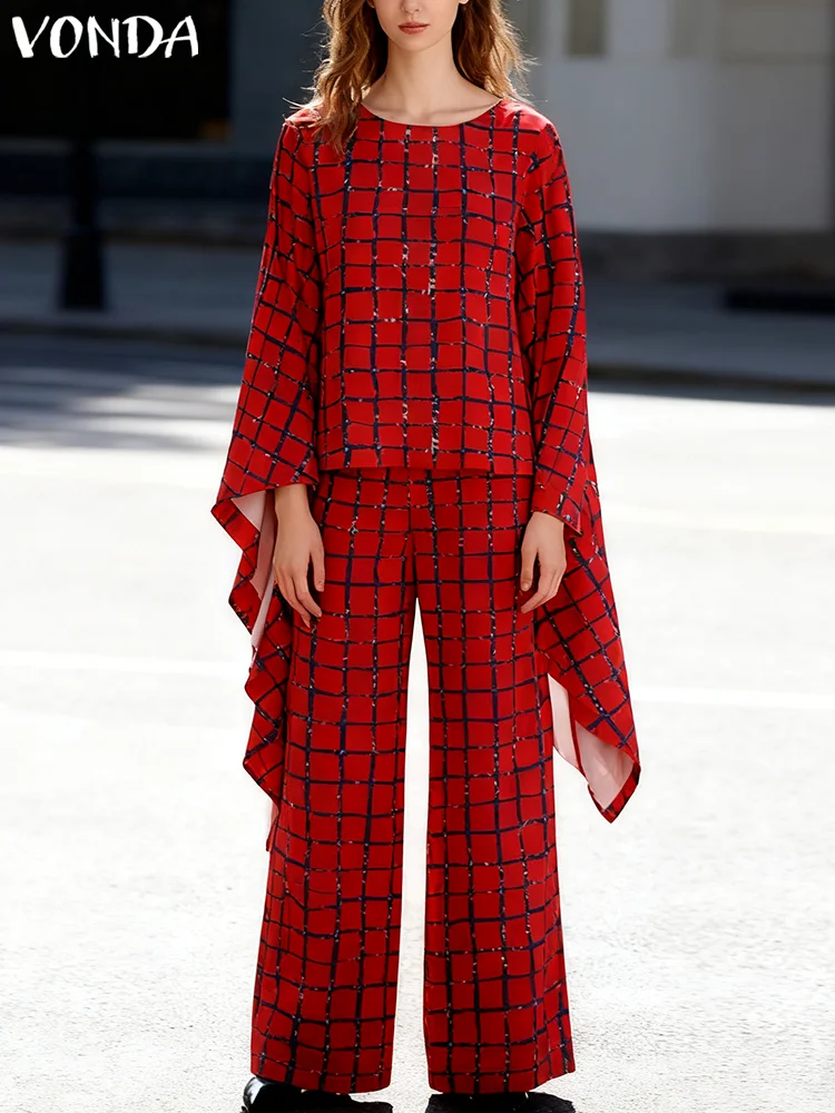 

VONDA женские модные винтажные комплекты брюк с принтом, осенние топы с длинными расклешенными рукавами, богемные повседневные комплекты из 2 предметов, большие размеры 5XL