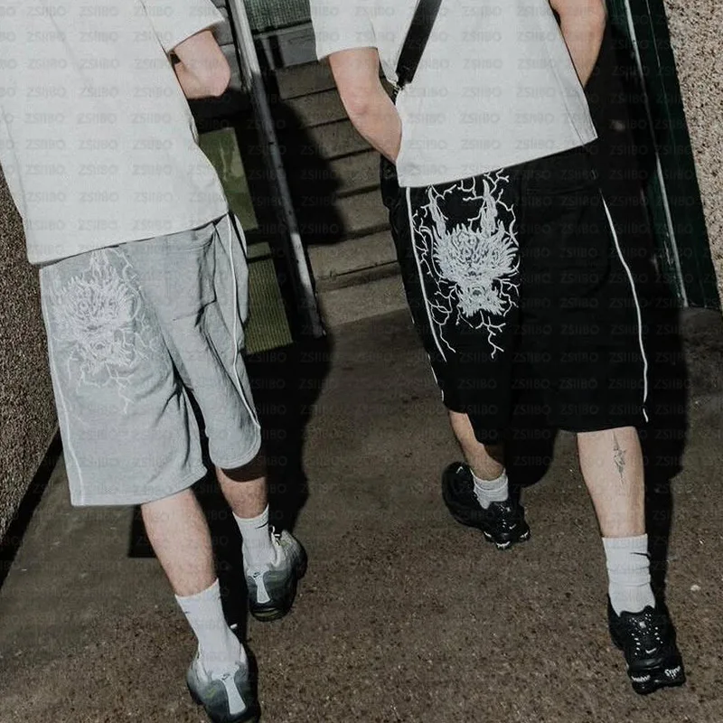 Hiphop Harajuku Retro Dragon Head Ricamo a strisce Casual Allentato Abbigliamento da uomo Punk Moda Streetwear Wom High Street Short