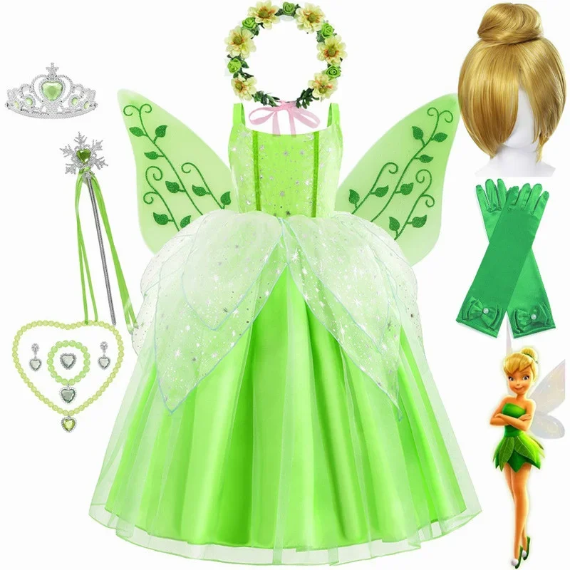 Girls Princess Tinkerbell Tinker Bell Faery Fairy Elf Flower Elves Charm Dresses Costume With Wings Halloween Costume for Kids