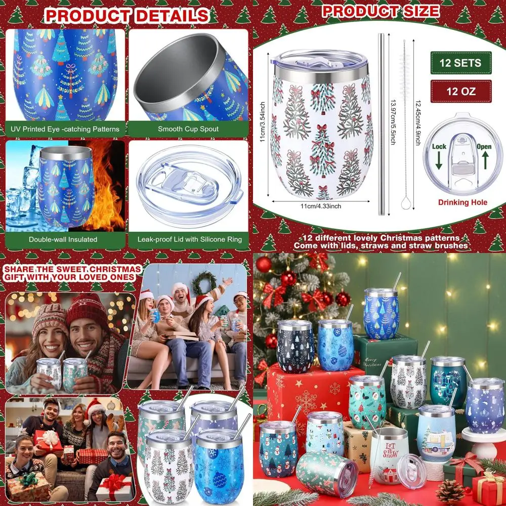 

Christmas Stainless Steel Wine Glass Set, 12 oz Tumblers with Straws and Brush, Snowy Holiday Theme for Xmas Party