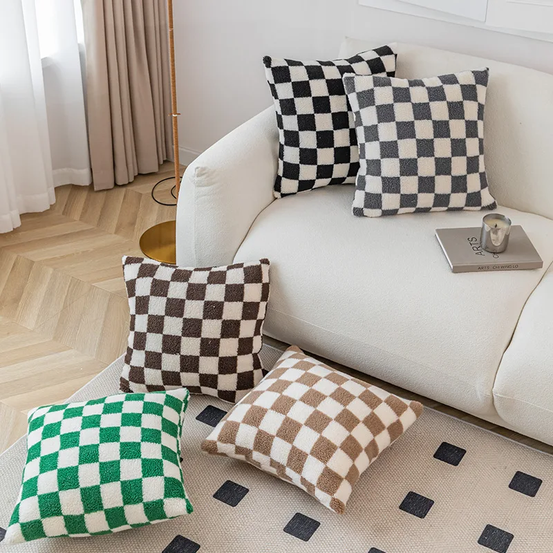 

45x45CM Chessboard Plaid Throw Pillow Cover Modern Plush Printed Stamping Waist Cushion Cover Decor Home Decorative Pillowcase