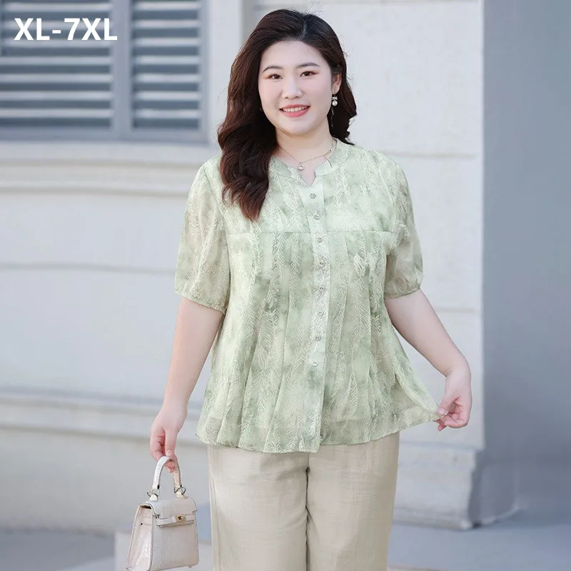 

Floral Shirt Girl Soft Chiffon 100KG Summer Woman Short Sleeve Loose Cool Plus Size 5XL 6XL 7XL Female Large Lady Blouse Clothes