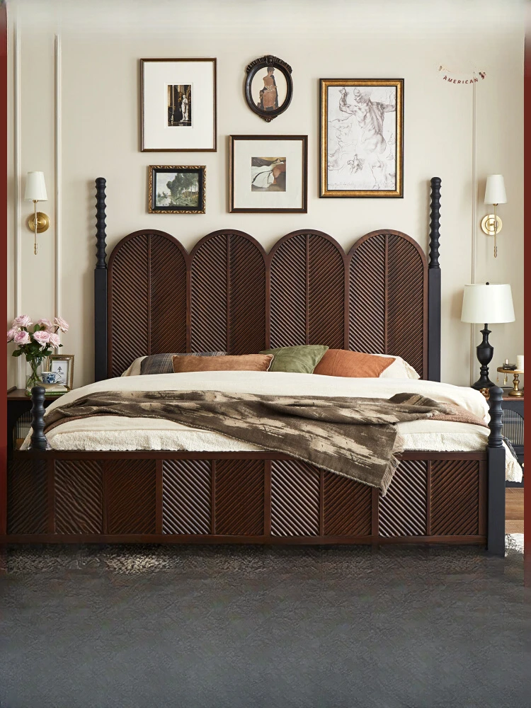 French Luxury Retro Roman Pillar Carved Solid Wood King Bed American Simple Modern Master Bedroom 1.8m Double Bed Wedding Bed