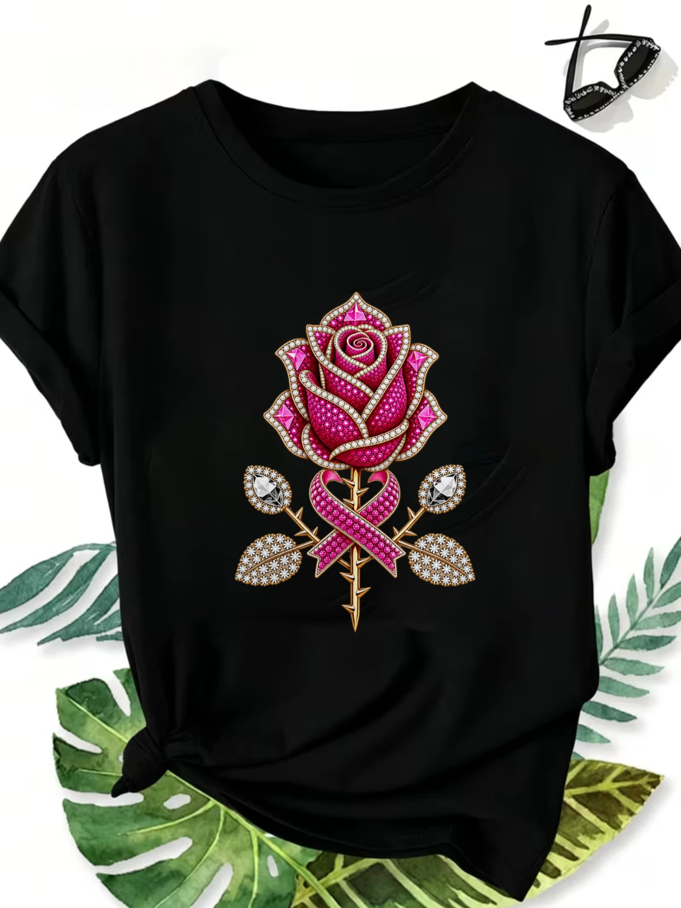 Funny Graphic Tees Women's Casual Crew-Neck T-Shirt Pink Rose Breast Cancer Awareness Ribbon Design Print T Shirt Clothes Outfit