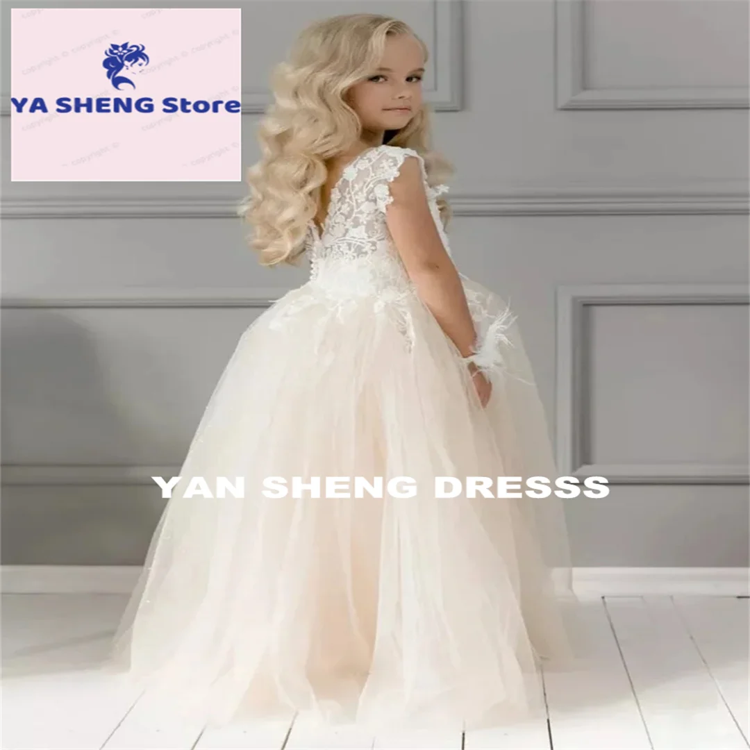 

Customized Flower Girl Dress Bohemian Tulle Ivory White Lace Bow Girls First Communion Gown Junior Bridesmaid Dress