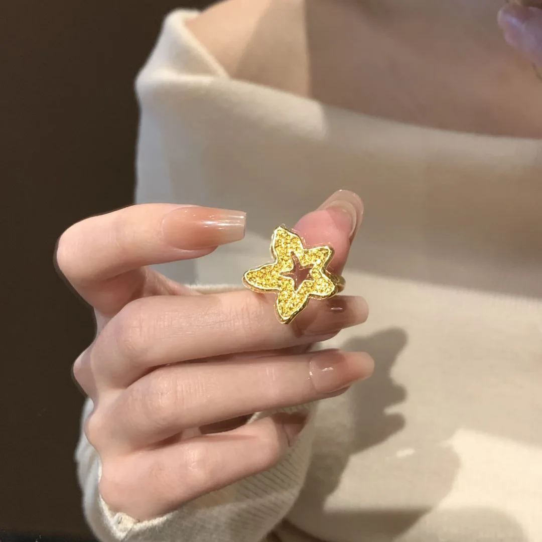 Hip hop style glossy crushed ice irregular five pointed star rings for women fashion light luxury high-end ring wedding jewelry